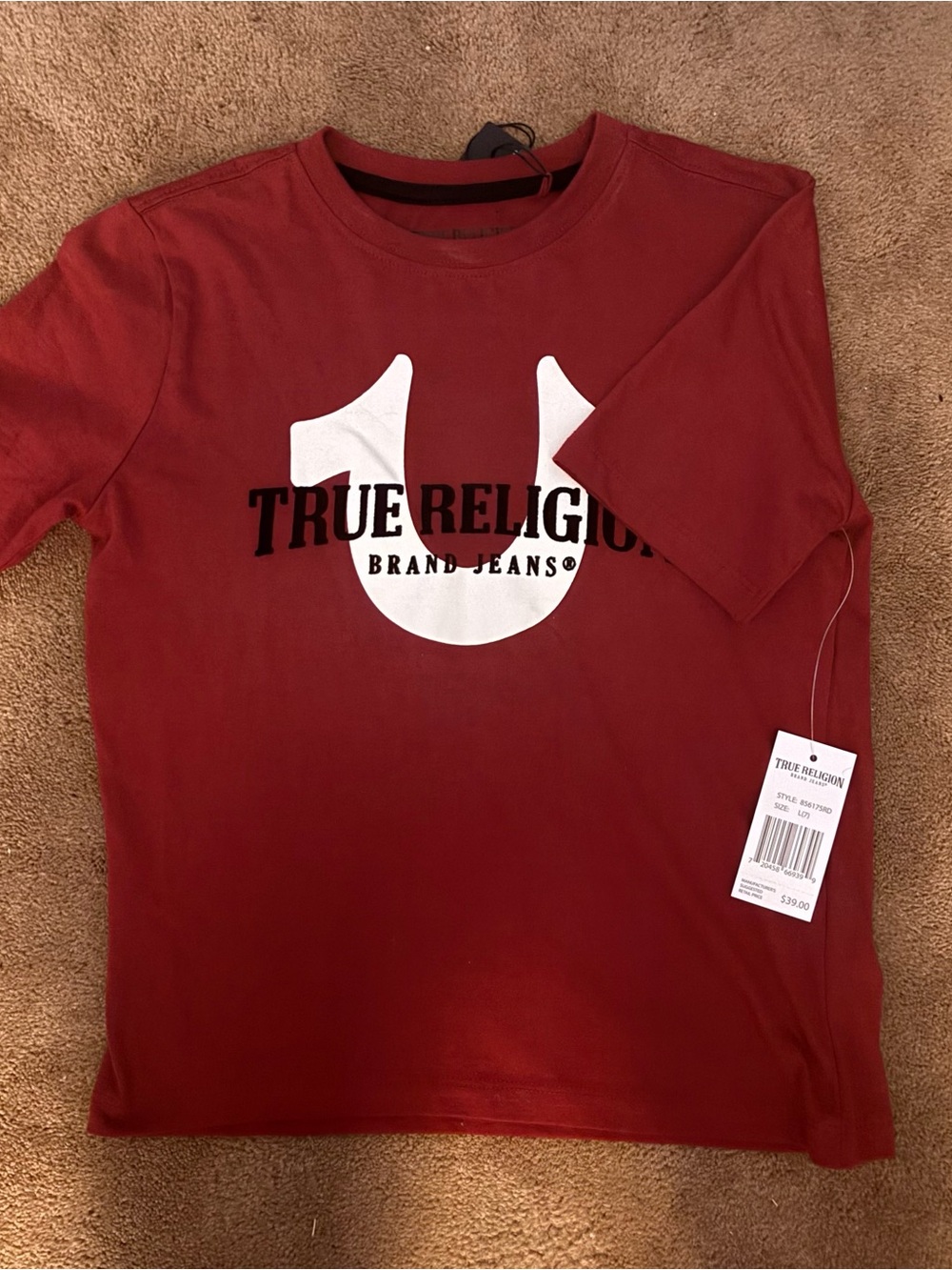 True Religion Red Crewneck Tee with White Horseshoe Logo
